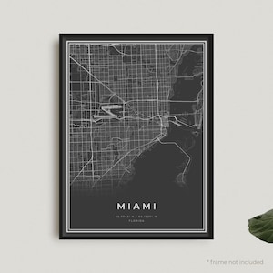 Miami kaart print, Miami zwarte kaart poster, Miami donkere kaart poster, Florida, modern thuiskantoor decor, housewarming verjaardagscadeau | BU44