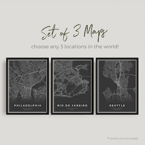Conjunto de 3 pôsteres de mapa preto ANY CITY, impressões de mapa minimalista escuro personalizadas, locais personalizados, presente de aniversário de inauguração de casa moderno | CU02