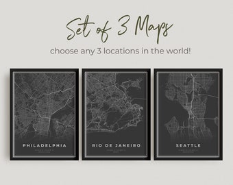 Set of 3 ANY CITY Black Map Posters, Personalized Dark Map Prints (Set of 3), Custom Locations, Housewarming Birthday Gift | CU02