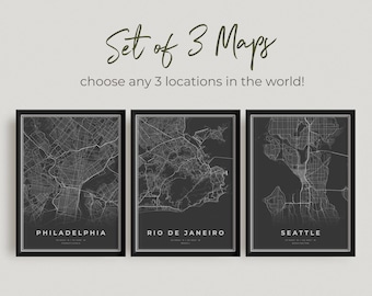 Set of 3 ANY CITY Black Map Posters, Personalized Dark Minimalist Map Prints, Custom Locations, Modern Housewarming Birthday Gift | CU02