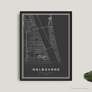 Melbourne kaart print, Melbourne zwarte kaart poster, Melbourne donkere kaart poster, Florida, kantoor aan huis decor, housewarming verjaardagscadeau | BU428