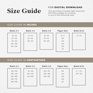 a guide for digital download, providing size information for various paper sizes in both inches and centimeters.