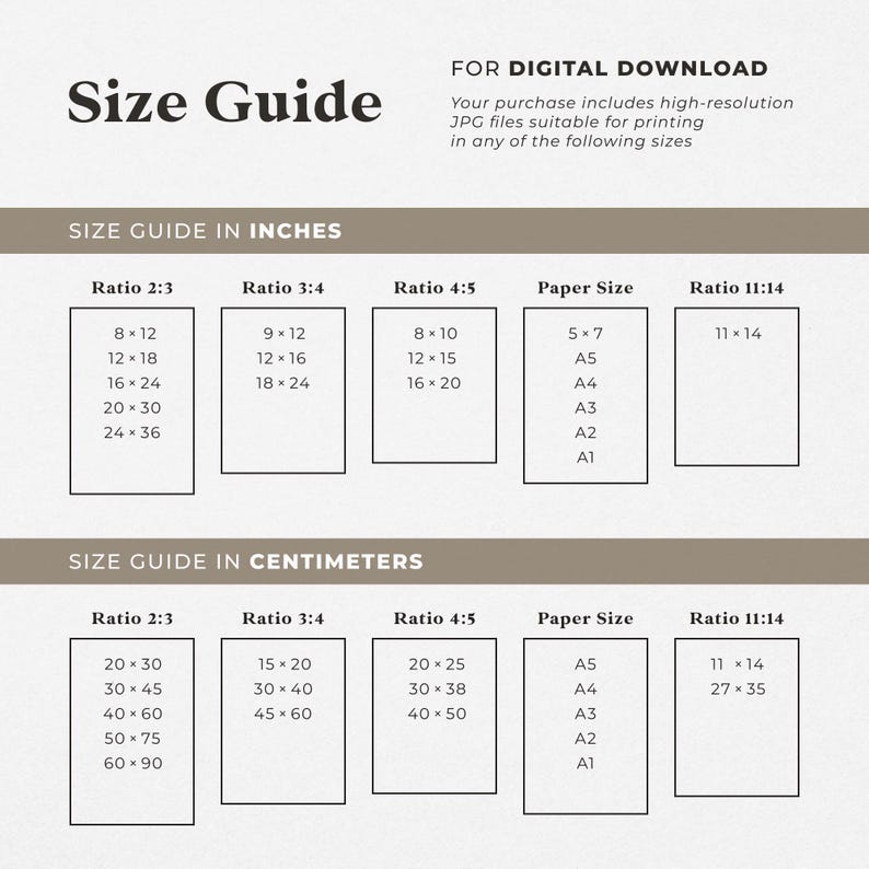 a guide for digital download, providing size information for various paper sizes in both inches and centimeters.