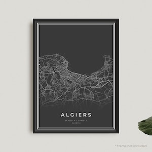 Impression carte d'Alger, affiche carte noire d'Alger, affiche carte sombre d'Alger, Algérie, décoration de bureau à domicile moderne, cadeau d'anniversaire de pendaison de crémaillère | BW170
