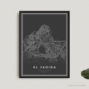 Impression de carte d'El Jadida, affiche carte noire d'El Jadida, affiche carte sombre d'El Jadida, Maroc, décoration de bureau à domicile, cadeau d'anniversaire de pendaison de crémaillère | BW257