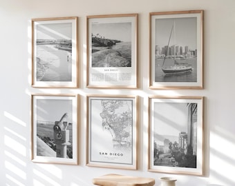 San Diego Vintage Gallery Wall Art - Set van 6, San Diego zwart-wit retro foto, San Diego posters, California Boho Print Collection