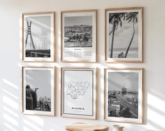 Nigeria Vintage Gallery Wall Art - Set of 6, Nigeria Black and White Retro Photo, Nigeria Posters, Africa Boho Print Collection