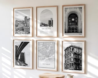 Art mural Detroit Gallery - lot de 6, photos noir et blanc Detroit, affiches Detroit, collection d'estampes Detroit, Michigan
