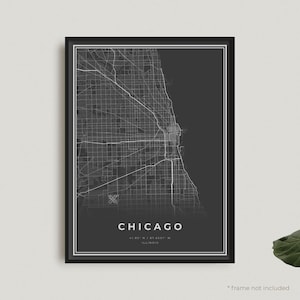 Impressão de mapa de Chicago, pôster de mapa preto de Chicago, pôster de mapa escuro de Chicago, Illinois, decoração moderna para escritório em casa, presente de aniversário de inauguração de casa | BU03