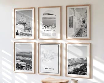 Mykonos Gallery Wall Art - Set of 6, Mykonos Black and White Photo, Mykonos Posters, Mykonos Print Collection, Greece