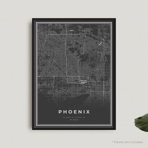 Impression de carte de Phoenix, affiche de carte noire de Phoenix, affiche de carte sombre de Phoenix, Arizona, décoration de bureau à domicile moderne, cadeau d'anniversaire de pendaison de crémaillère | BU06