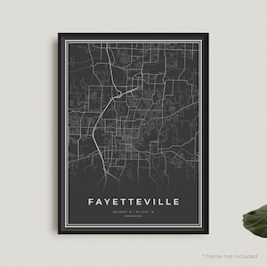 Impression de carte de Fayetteville, affiche de carte noire de Fayetteville, carte sombre de Fayetteville, Arkansas, décoration de bureau, cadeau d'anniversaire de pendaison de crémaillère | BU411