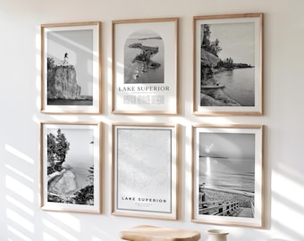Muurdecoratie van Lake Superior - Set van 6, Zwart-witfoto van Lake Superior, Posters van Lake Superior, Superior Printcollectie, VS-Canada