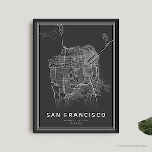 Impression de carte de San Francisco, carte noire de San Francisco, carte sombre de San Francisco, Californie, bureau à domicile moderne, cadeau d'anniversaire de pendaison de crémaillère | BU14