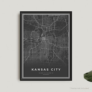 Impressão de mapa de Kansas City, pôster de mapa preto de Kansas City, pôster de mapa escuro de Kansas City, Missouri, decoração de escritório, presente de aniversário de inauguração de casa | BU37
