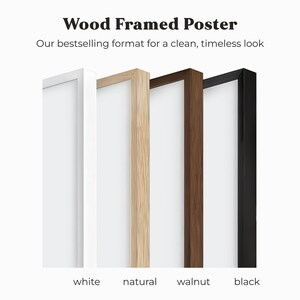 four different wood framed posters in various colors: white, natural, walnut, and black.