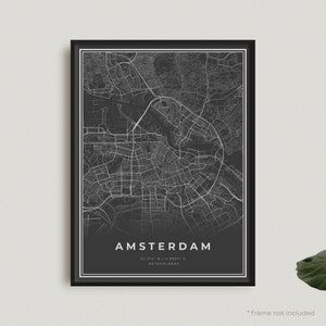 Impression carte d'Amsterdam, poster carte noir d'Amsterdam, poster carte sombre d'Amsterdam, Pays-Bas, décoration de bureau, cadeau d'anniversaire de pendaison de crémaillère | BW273