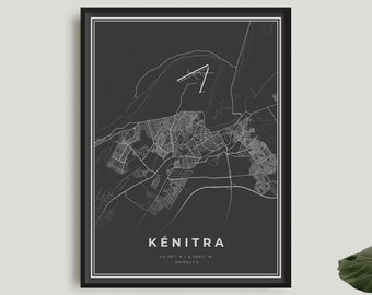 Kénitra Map Print, Kénitra Black Map Poster, Kénitra Dark Map Poster, Morocco, Modern Home Office Decor, Housewarming Birthday Gift | BW492