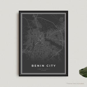Impressão de mapa da cidade de Benin, pôster de mapa preto da cidade de Benin, pôster de mapa escuro da cidade de Benin, Nigéria, decoração de escritório, presente de aniversário de inauguração de casa | BW413