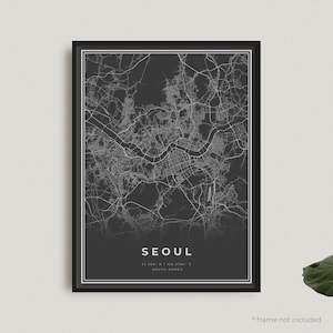Impressão de mapa de Seul, pôster de mapa preto de Seul, pôster de mapa escuro de Seul, Coreia do Sul, decoração moderna para escritório em casa, presente de aniversário de inauguração de casa | BW103