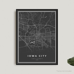 Impressão de mapa da cidade de Iowa, pôster de mapa preto da cidade de Iowa, pôster de mapa escuro da cidade de Iowa, Iowa, decoração de escritório em casa, presente de aniversário de inauguração de casa | BU468