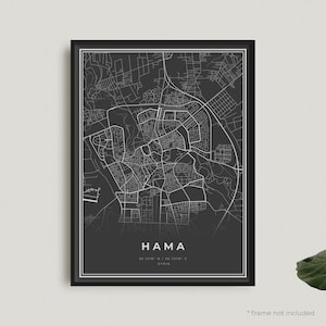 Hama Map Print, Hama Black Map Poster, Hama Dark Map Poster, Syria, Modern Home Office Decor, Housewarming Birthday Gift | BW188