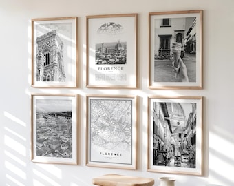 Conjunto de 6 pôsteres de Florença para parede, com fotos em preto e branco, da coleção Florence Gallery Wall Art, incluindo pôsteres e gravuras. A coleção inclui ainda fotos da Itália.