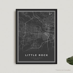 Impression de carte de Little Rock, carte noire de Little Rock, affiche de carte sombre de Little Rock, Arkansas, décoration de bureau, cadeau d'anniversaire de pendaison de crémaillère | BU118