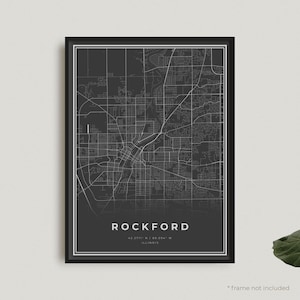 Rockford Karte Poster, Rockford schwarze Karte Poster, Rockford dunkle Karte Poster, Illinois, Haus-Bürodekor, Housewarming Geburtstagsgeschenk | BU164
