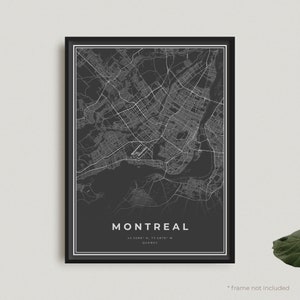 Impression de carte de Montréal, affiche de carte noire de Montréal, affiche de carte sombre de Montréal, Québec, décoration de bureau à domicile moderne, cadeau d'anniversaire de pendaison de crémaillère | NB02
