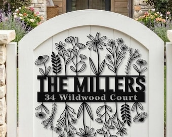 Custom Metal Address Sign • Wildflower Modern House Numbers • Round Street Name Driveway Plaque • Outdoor Curb Appeal •  Cottage Yard Art