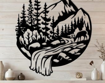 Metal Waterfall Wall Art • Mountain Buck Deer River Scene • Rustic Lodge Cabin Decor • Woodland Pine Tree Sign • Nature Landscape Sculpture