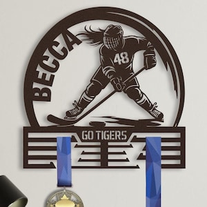 Girl Hockey Medal Hanger, Custom Ice Hockey Medal Holder for Girls, Personalized Female Hockey Metal Name Sign, Girl Ice Hockey Room Decor