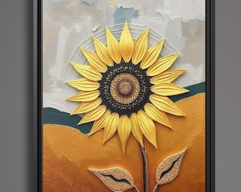 Cuadro abstracto de girasol sobre lienzo enmarcado o póster, impresión artística de pared, obra de arte de paisaje dorado y cobre, regalo de decoración moderna de estilo rústico.