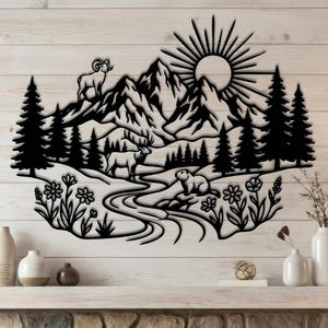 Black metal Rocky Mountain National Park art with elk, bighorn sheep, and marmot, displayed above stone fireplace.