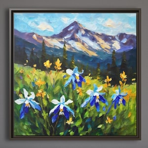 Colorado Columbine Art, Framed Canvas Wall Art or Poster Print - Colorado State Flower Mountain Landscape Original Painting Artwork