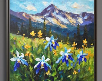 Colorado Columbine Art, Framed Canvas Wall Art or Poster Print - Colorado State Flower Mountain Landscape Original Painting Artwork