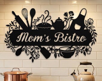 Custom Kitchen Sign, Personalized Metal Name Wall Art, Farmhouse Decor, Mother's Day Gift for Mom Grandma Nana Gigi, Cafe Bistro Baker Gift