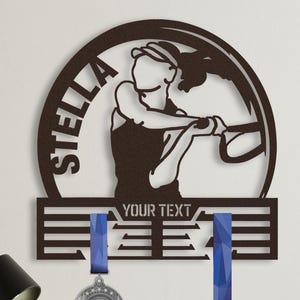 Tennismedaillehouder voor meisjes en vrouwen, dames tennisspeler metalen wandbord, aangepaste gepersonaliseerde naamprijs lint displayrek hanger cadeau afbeelding 1