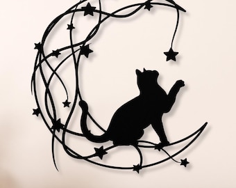 Metal Cat Wall Art, Metal Black Cat and Moon Yard Art, Celestial Wall Decor, Metal Crescent Moon and Stars Metal Art, Whimsical Cat Decor