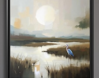 Pintura de garza azul en pantano sobre lienzo enmarcado o póster, impresión artística de pared, pájaro impresionista de colores neutros y apagados en un paisaje natural sereno.