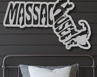 Massachusetts Wall Art Metal Sign, Retro Massachusetts State Shaped Name Outline Large Wall Hanging, University Dorm Room & Home Decor Gift