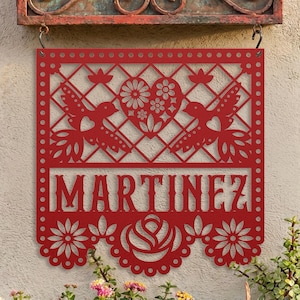 Op de afbeelding: Rood metalen bord met de naam "MARTINEZ" uitgesneden, met kolibries en bloemmotieven. Het bord hangt onder een verweerde, sierlijke brievenbus met een koperen afwerking. De brievenbus en het bord zijn op een stucwerkmuur gemonteerd.