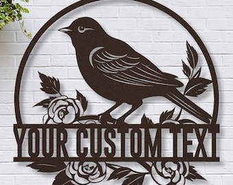 Custom Bird Sign, Bird Welcome Sign, Outdoor Metal Bird Wall Art, Personalized Last Name Sign for House, Floral Rose Flower Metal Wall Art
