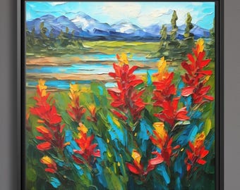 Wyoming State Flower Indian Paintbrush Mountain Landscape Painting on Framed Canvas or Poster Wall Art Print, Vibrant Red Artwork Home Decor