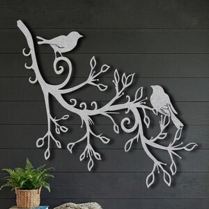 Silver metal birds on branch wall art, farmhouse entryway decor.