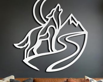 Howling Wolf Metal Wall Art • Moon Mountain Cabin Decor • Modern Minimalist Wildlife Scene Metal Wall Decor • Large Coyote Metal Yard Art