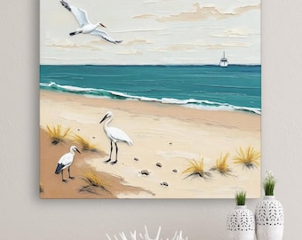 Coastal Wall Art Print, Whooping Crane Art Work, Muted Beach Landscape Painting, Neutral Teal Blue, Silver Gray And Beige Ocean Bird Artwork