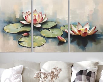 Lotus Flower Triptych Wall Art Print Poster or Framed Canvas, Set of 3 Panels, Zen Water Lily Pad Pond Painting, Modern Floral Nature Decor
