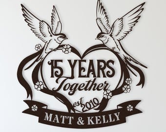 15th Anniversary Gift, 15 Years Together Metal Sign Wall Art, Wedding Anniversary Gift for Him Her, Crystal Anniversary Metal Lovebird Sign